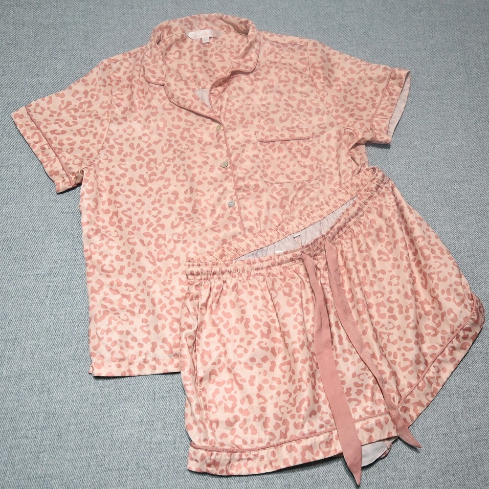 Homebodii Pajama Set Womens Leopard Print Satin Charmeuse Size Large Pink